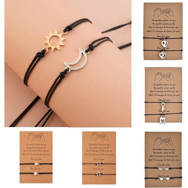 2 st / set Hjärta Sol Måne Berlock Armband för Kvinnor Män Hand