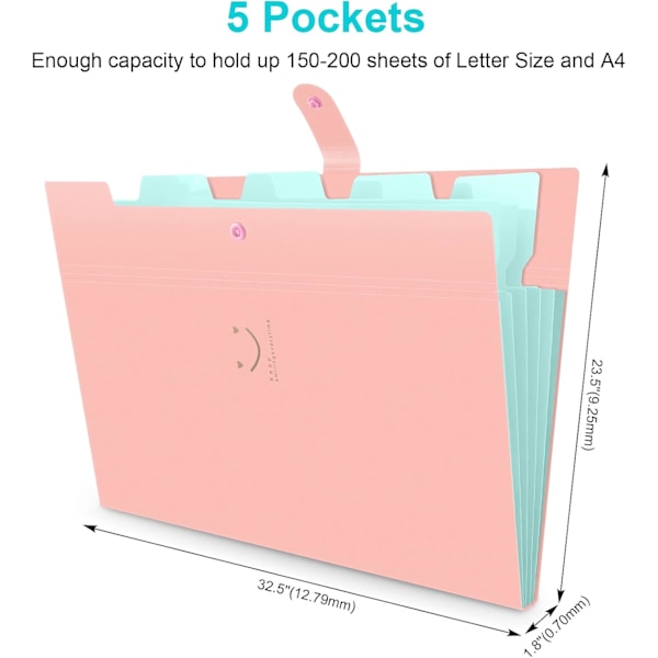 Expanderande Dokumentmapp 5 Fack, A4 Papper Dragspels Dokumentorganisatör (Rosa)