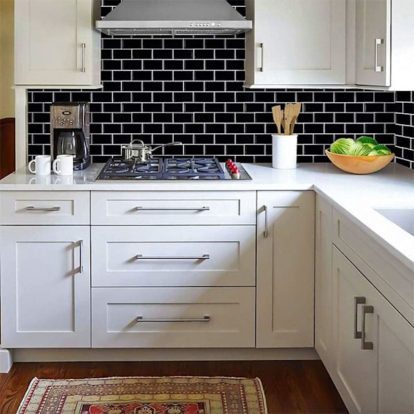 Peel and Stick Kakel Backsplash för Kök Vägg, 10-Blad Svart Subway Kök Backsplash Kakel (12\"×12\")