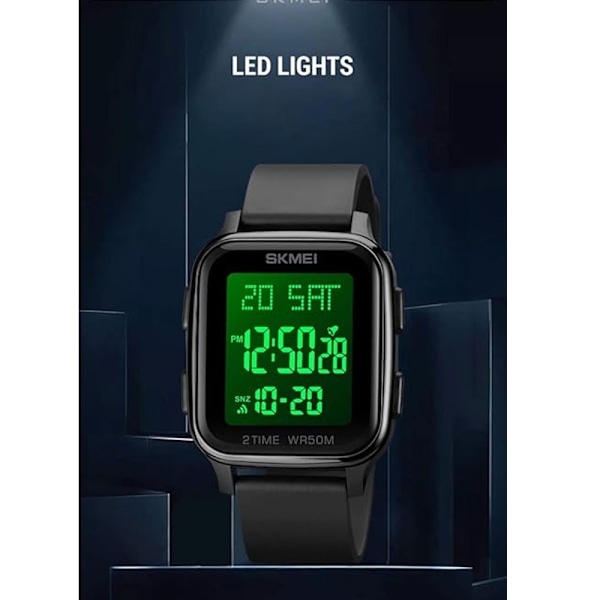 Afslappet Digital Multifunktionelt Armbåndsur med Nedtællingstimer og LED-lys 50M Vandafvisende (Black)