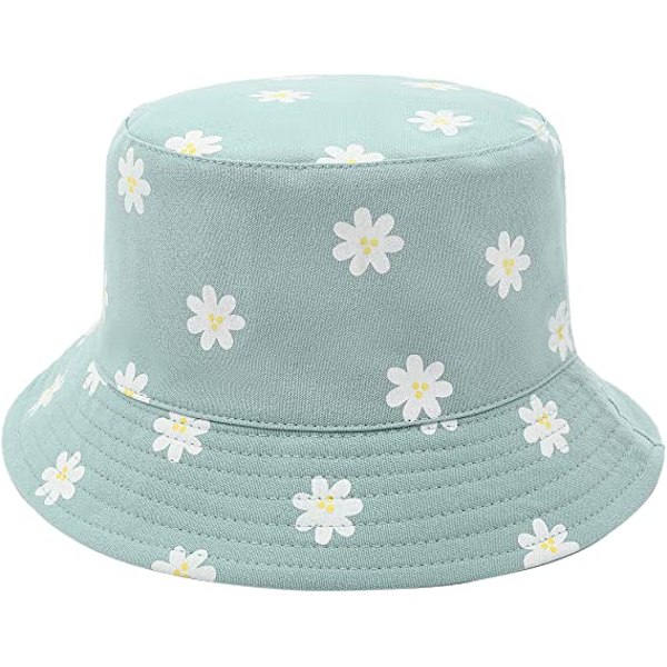 Grøn Bucket Hat til kvinder, vendbar solhat til piger