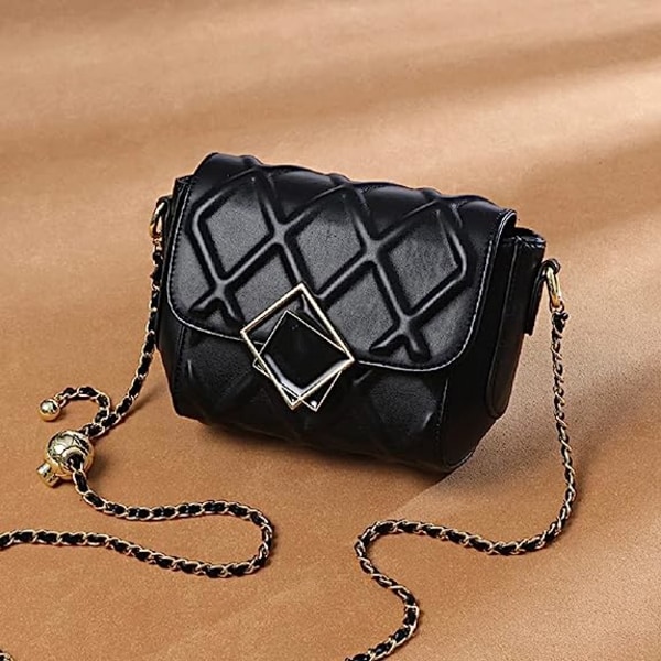 Liten Crossbody-väska för kvinnor Söt handväska i läder med svart kedja