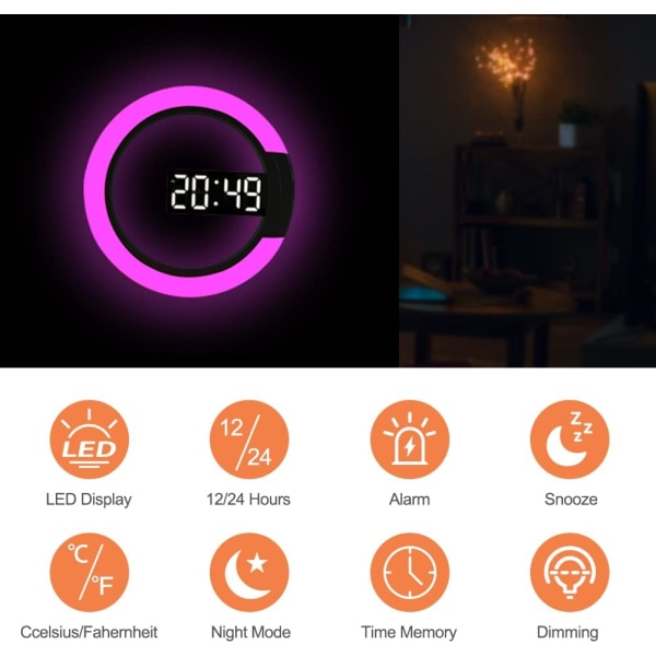 LED digital veggklokke med fjernkontroll, temperatur, 3 lyssterk