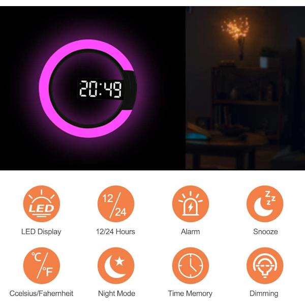 LED digital veggklokke med fjernkontroll, temperatur, 3 lysstyrker