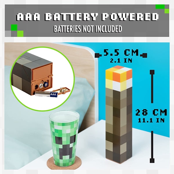 Minecraft fakkellampe med 2 lysmoduser, veggmonterbar og