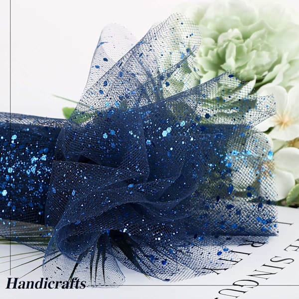 (Safirblå) 15CM x 25 Yards pailletbesat tyl organza rulle spole med pailletter ikke-vævet bordløber bånd DIY organza R