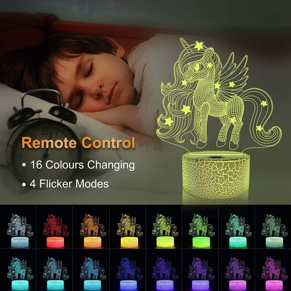 3D Unicorn Lights Fairy Illusion Lampe 16 farger og optisk