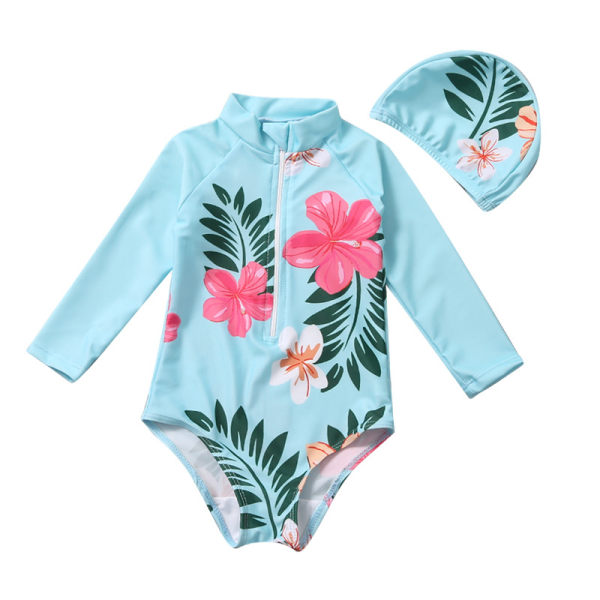 Summer Girl Peony Flower Swimsuit with Hat (Blue for 75 - 85cm)