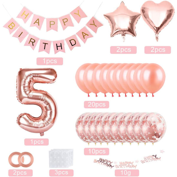 5:e födelsedagsflickans ballong, roséguld ballong 5, 5:e födelsedag