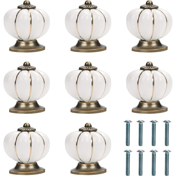 White and Gold Pumpkin Ceramic Knobs with Screws (8 Pack) - 4 x