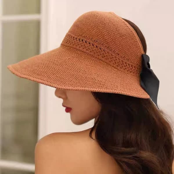 Karamel Halm Hat Kvindernes Strand Sol Cap Foldbar Stor Dame Flop B