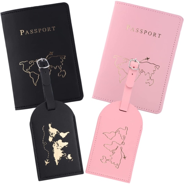 Pinkki, musta - 2 matkatavaramerkkiä ja 2 passipidikettä, nahkainen passi