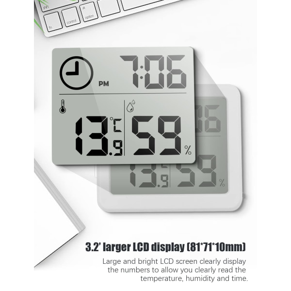 Digitalt termometer/hygrometer stort 3,2” LCD-display indendørs