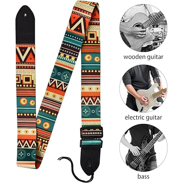 1 st etnisk gitarrrem, justerbar ukulele rem, gitarrrem med PU-läderändar, gitarrtillbehör, passar bas, el- och akustiska gitarrer
