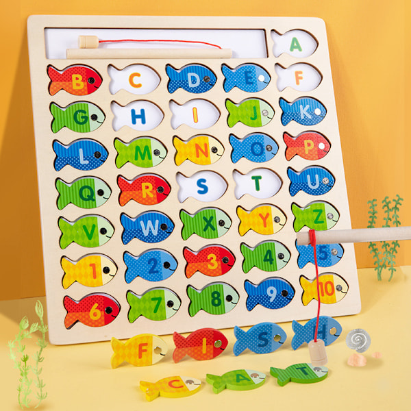 Magnetiskt träfiskespel leksaker för småbarn, alfabetfiskar