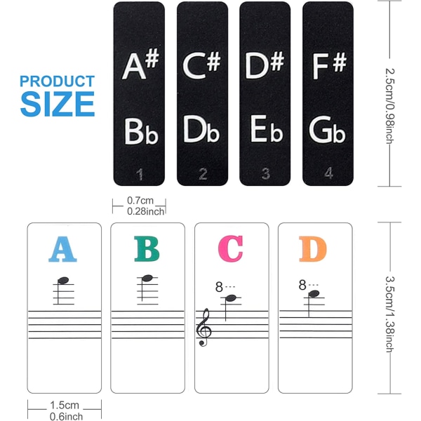 2-pakkaus pianonäppäintarroja 88/61/54/49/37 näppäimelle, lihavoitu