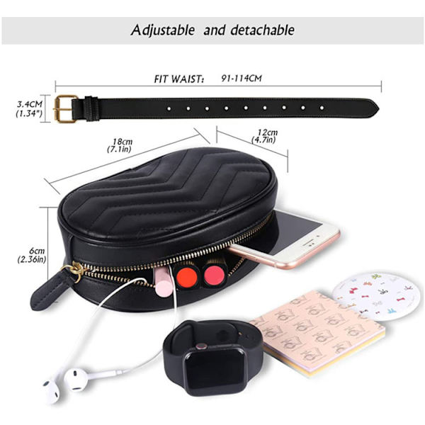 Fanny Packs för kvinnor, fashionabla, svarta läder midjeväska
