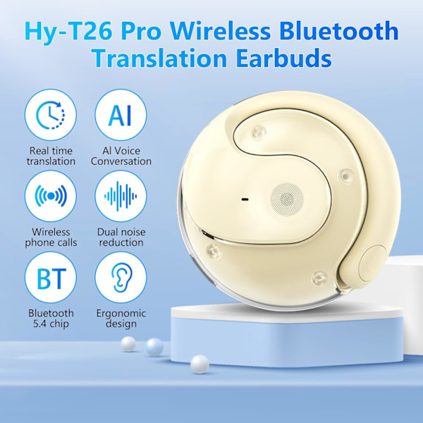 (Beige) Språköversättare, hörlurar, trådlös Bluetooth-ljud, realtidsöversättare, stöder 144 språk