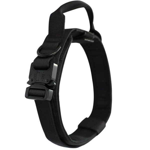 En sort M nylon hundehalsbånd med håndtak, egnet for små og l