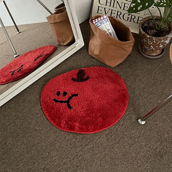 Röd badrumsmatta - äppelformad halkfri matta, tvättbar mikrofiber