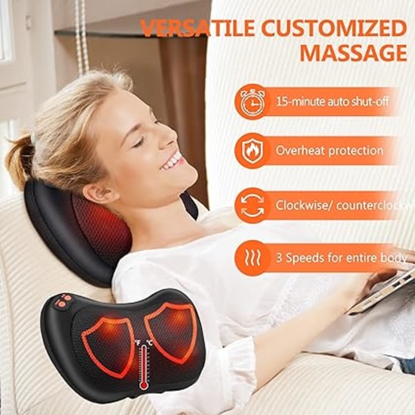 Shiatsu Massagepude, Opvarmet Rygmassager med 4 Knuder og 3 Justerbare Hastigheder, Tovejsrotation, Massageapparat til