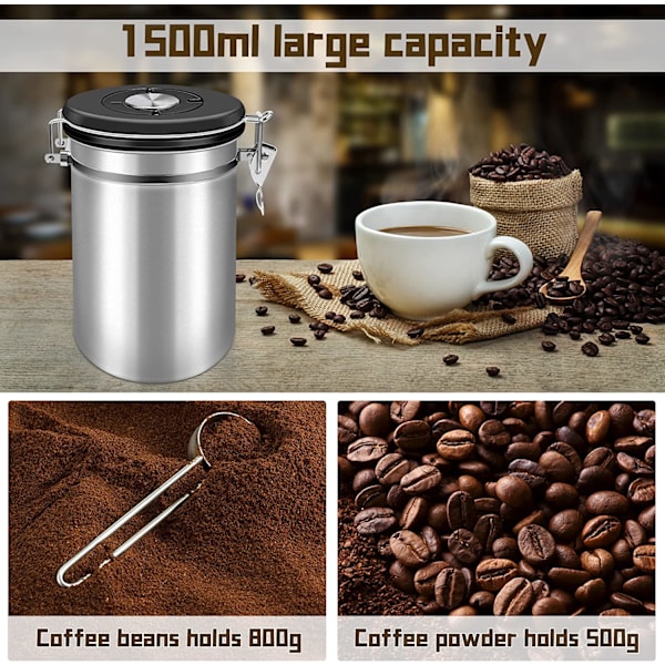 Lufttæt kaffekande, kaffebank, rustfrit stål, 1,5L opbevaring