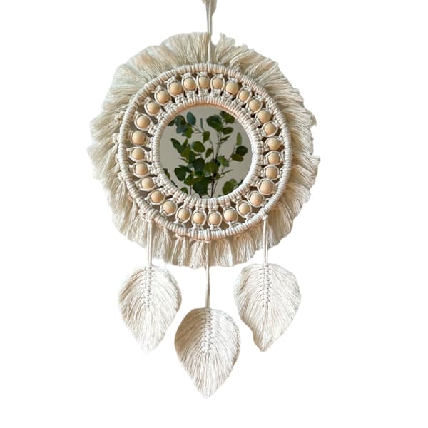 Beige, Boho Macrame Reunus Peili Seinälle Puuhelmillä Sulka