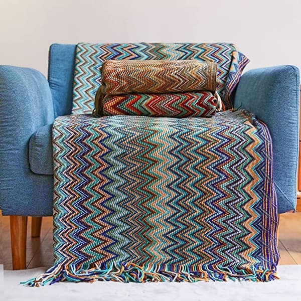 Boho-heittopeitto ulkona neulottu hapsupeitto, (sininen 50x60