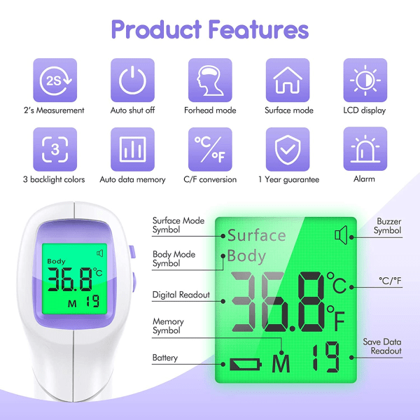 Vuxenpannbandstermometer, kontaktfri termometer med LCD-dis