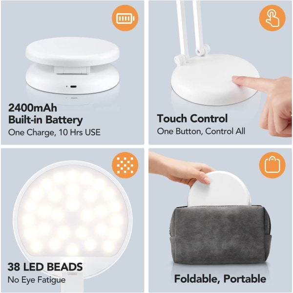 Bärbar & hopfällbar LED-bordslampa, trådlös skrivbordslampa Rechar