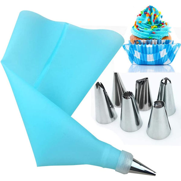 Konditorsprøytetips, 8 deler rustfritt stål DIY-sett, 6 munnstykker, 1 konditorpose, 1 koblinger, DIY-sett for kakedekorering (blå -1)