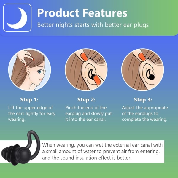 (Sort) støydempende ørepropper for søvn, 2 silikonørepropper