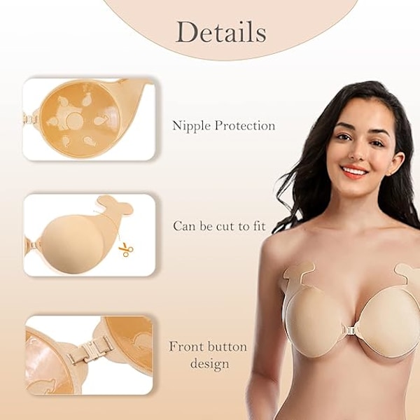 2 stk. Usynlige Silikon Lim-BH-er (L), Ryggløse Push Up BH-er, Løfte-BH-lapper