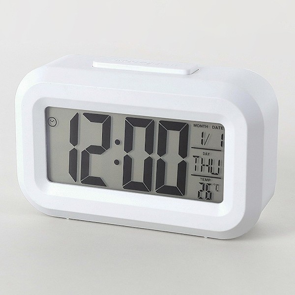 Hvidt vækkeur, batteridrevet ur, dæmpet natmodel, 12/24 timer