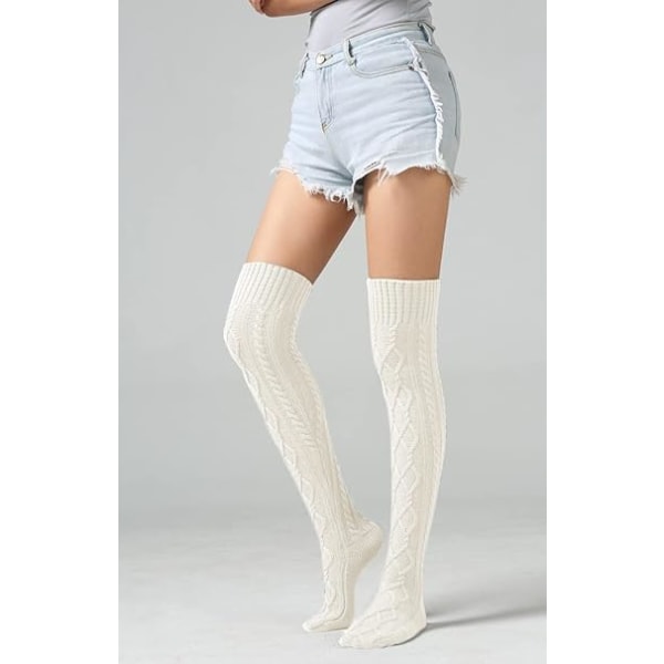 Lange strikkede sokker for kvinner - hvite, varme vinterlårhøye sokker,