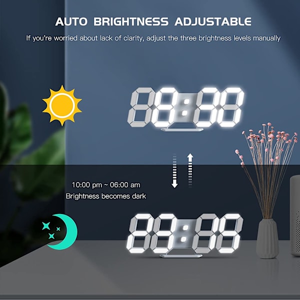 Hvid 3D LED Digital Væg Ur Stort Lysende Alarm Ur Støj