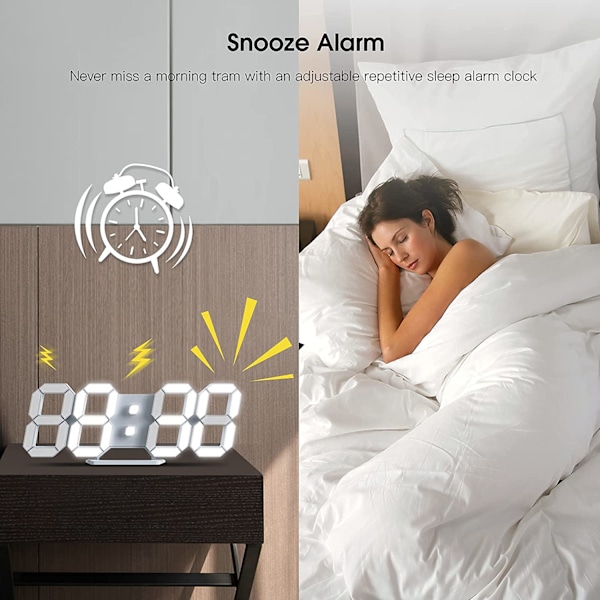 Hvid 3D LED Digital Væg Ur Stort Lysende Alarm Ur Støj