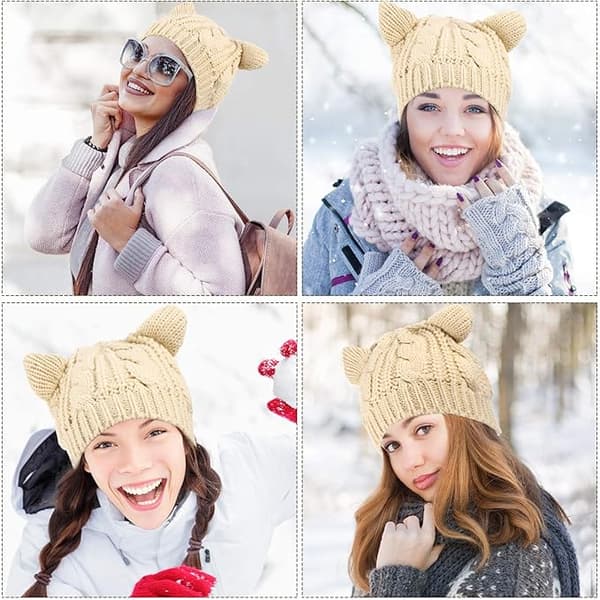 Kattöronmössa - Beige söt katt stickad mössa vinter stickad kabel