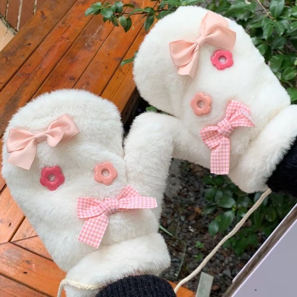Plush Bow Plyschvantar Söta Student Stickade Vantar Varma Söta Vantar Vinter