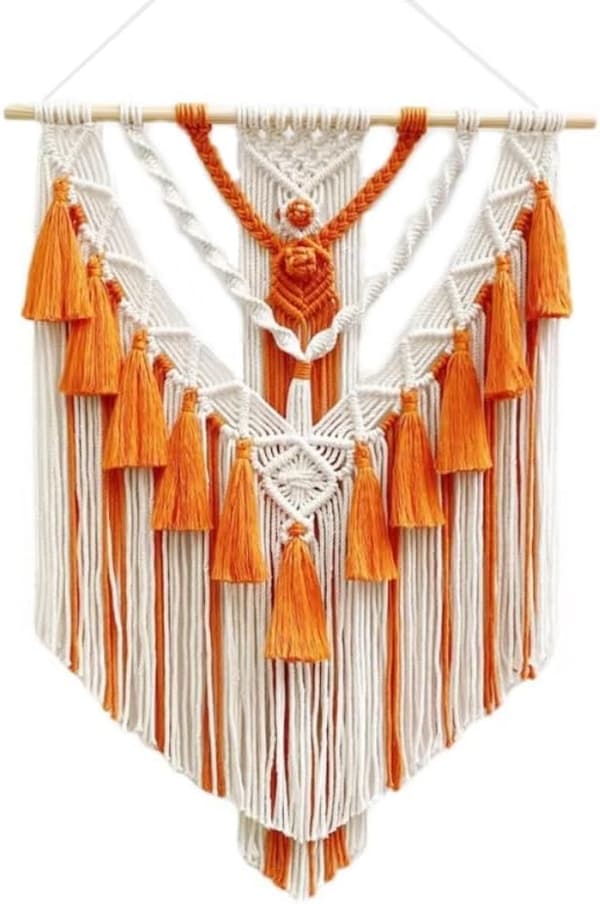 Boho Makramé Väggbonad & Väggdekor, Handgjord Gobeläng i Bomull med Tofs (Orange)