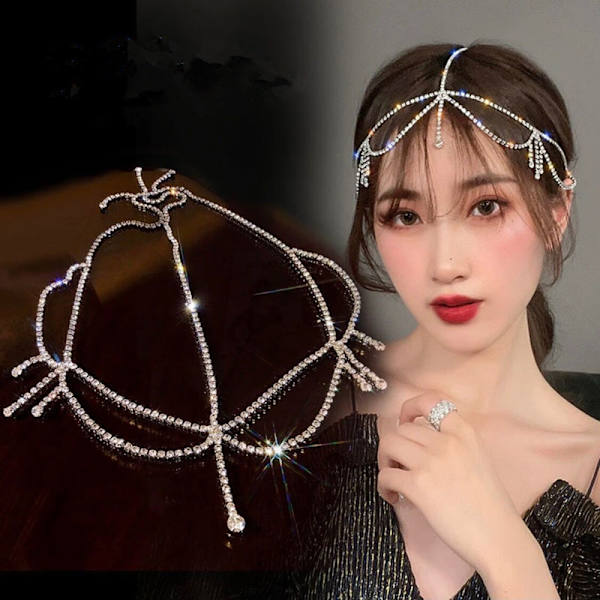 Kristallhuvudkedja Silver Bride Rhinestone Tassel Hårkedja Wed