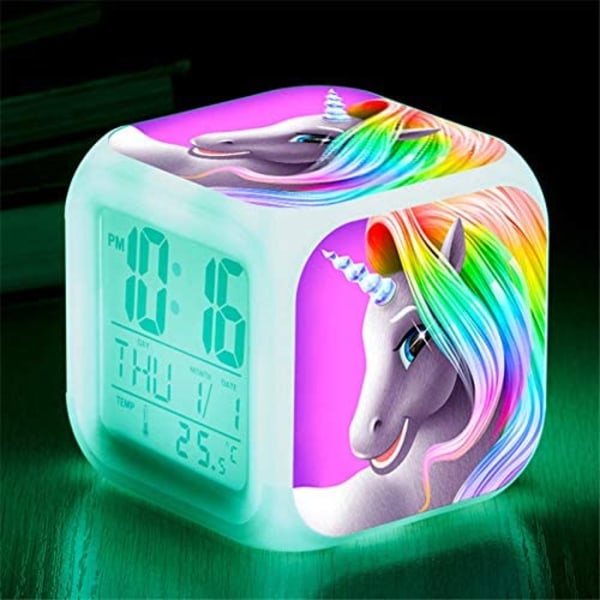 Unicorn Girls digitaalinen herätyskello, LED Night Glowing Cube LCD Cl