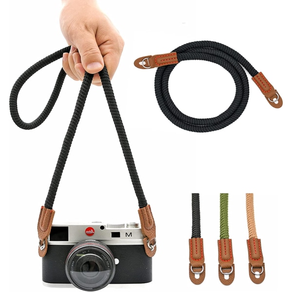 Kamerarem med rep (svart), handgjord kamerarem i bomull S
