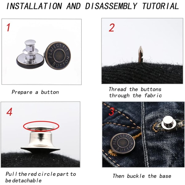 10 stykker jeansknapp, 17 mm avtakbar DIY-knapp i metall, juster
