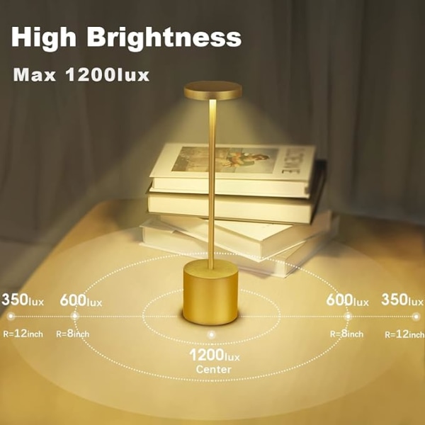 Kultainen, Ladattava johdoton pöytävalaisin, 3600mAh LED metallipöytä la
