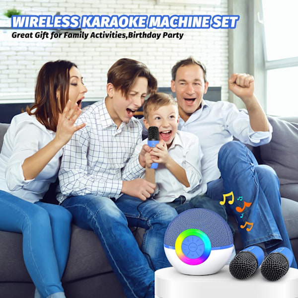 Mini Karaoke-laite lapsille ja aikuisille, kannettava Bluetooth-kaiutin 2 langattomalla mikrofonilla (sininen)