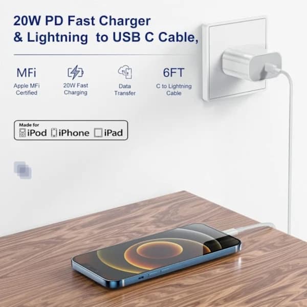 iPhone-lader - Hurtiglader - Adapter + Kabel 20W USB-C Hvit 3-pakning iPhone