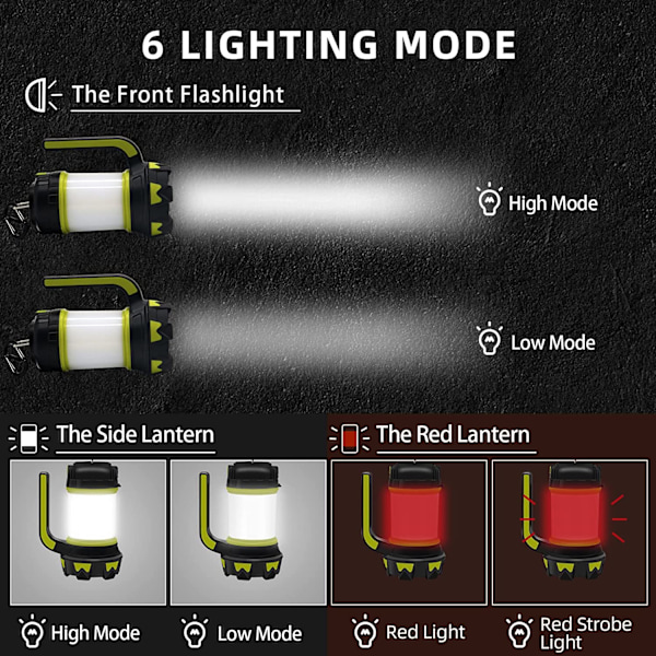 Ladattava LED-leirilyhty kädessä pidettävä taskulamppu 6 tilaa teltta
