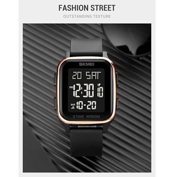 Afslappet Digital Multifunktionelt Armbåndsur med Nedtællingstimer og LED-lys 50M Vandafvisende (Rose Gold)