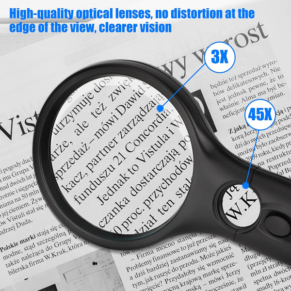 Yksi mustavalkoinen suurennuslasi valolla 3X 45X korkea suurennus